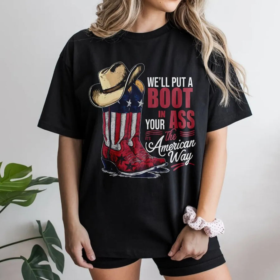 Patriotic Cowboy Boot T-Shirt | American Flag Western Graphic | Premium Cotton Country Pride | July 4th Gift For Men And Women