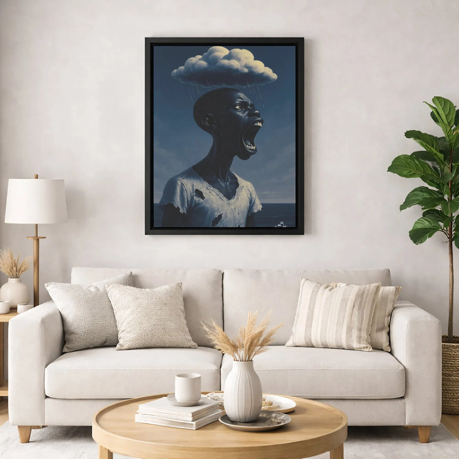 Surreal Emotional Wall Art | Man Under Rain Cloud Canvas Print | Gallery-Quality 1.25 Inch Wrap | Moody Expressionist Home Decor