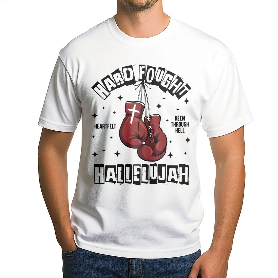 Hard Fought Hallelujah T-Shirt | Boxing Gloves Cross Graphic | 100% Cotton Premium Tee | Faith Warrior Motivational Gift for Men and Women