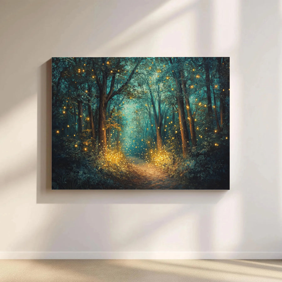 Enchanted Forest Wall Art | Glowing Firefly Path Canvas Print | Premium Gallery-Wrapped Decor | Whimsical Nature Landscape For Home
