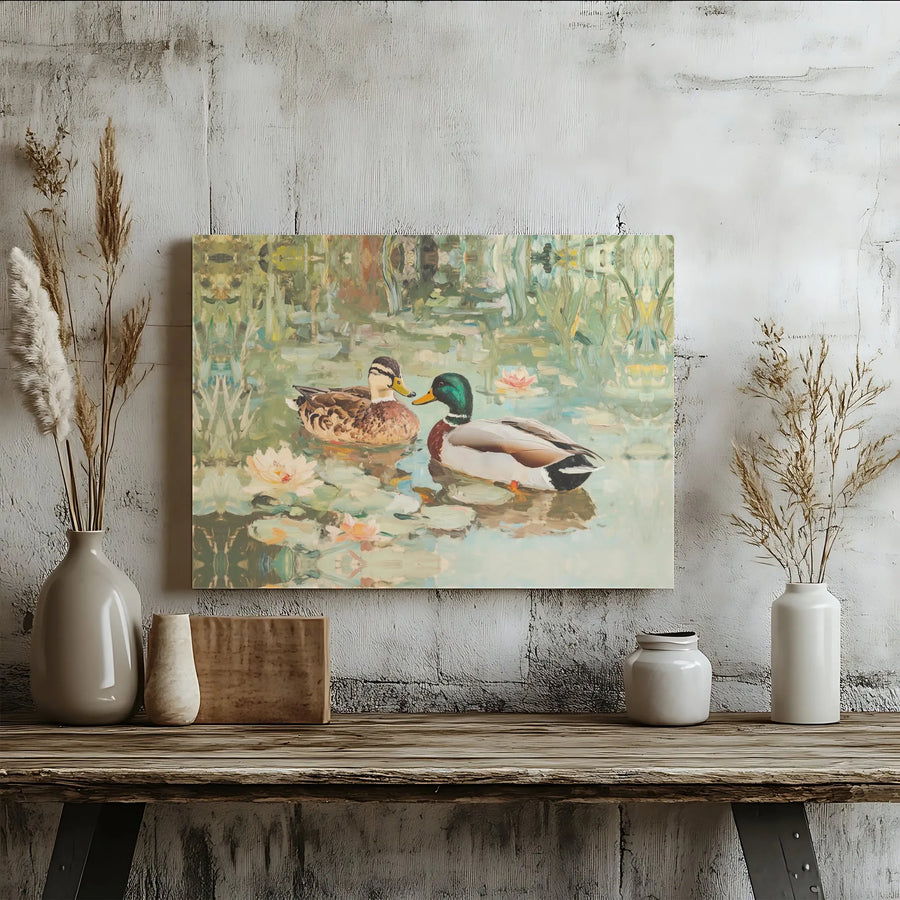 Mallard Duck Canvas Wall Art | Impressionist Pond Landscape Print | Gallery Quality 1.25” Thick Canvas | Nature Lover Home Decor Gift
