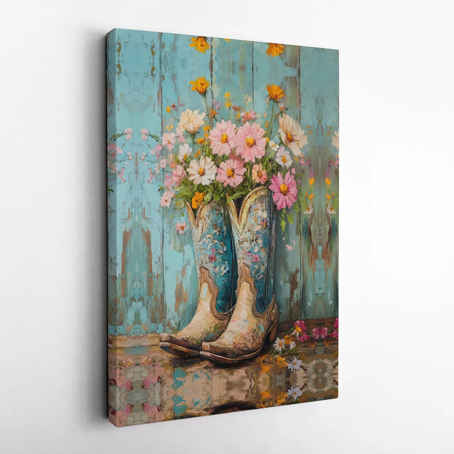Rustic Cowboy Boots Canvas Art | Wildflower Bouquet Farmhouse Decor | Premium Gallery Wrap Wall Hanging | Western Country Home Gift