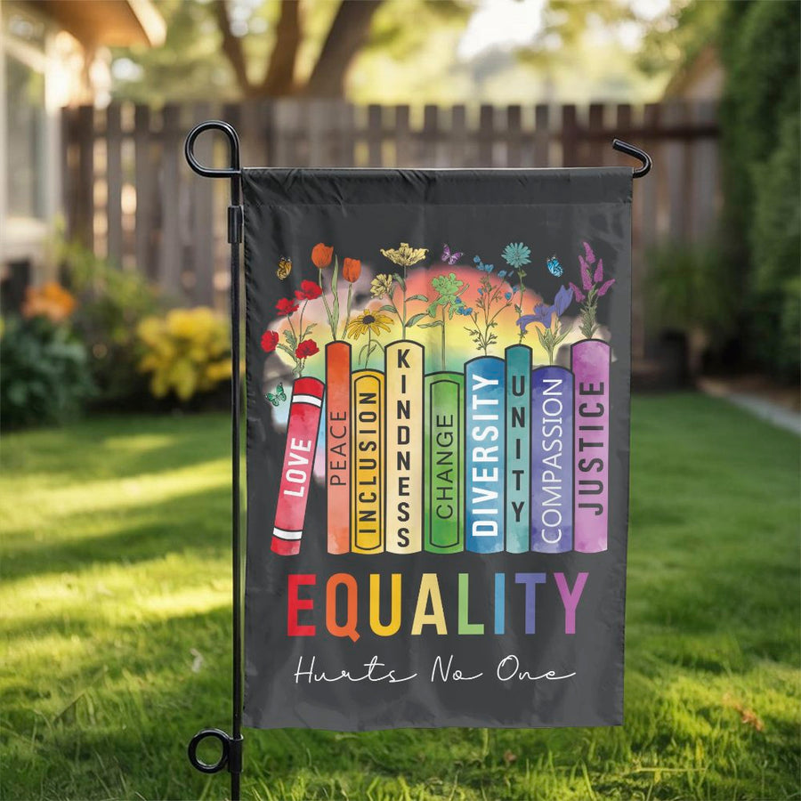 Equality Garden Flag | Floral Books Diversity Pride Decor | Durable Polyester Outdoor Yard Flag | Inclusive Social Justice Home Gift