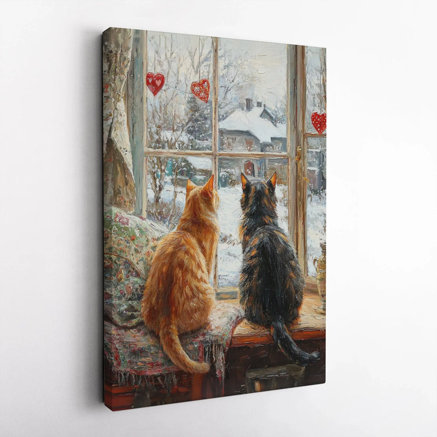 Two Cats Winter Window Canvas Wall Art | Impressionist Oil Painting Style Print | Premium Gallery Wrapped Canvas | Cozy Home Decor Gift for Cat Lover