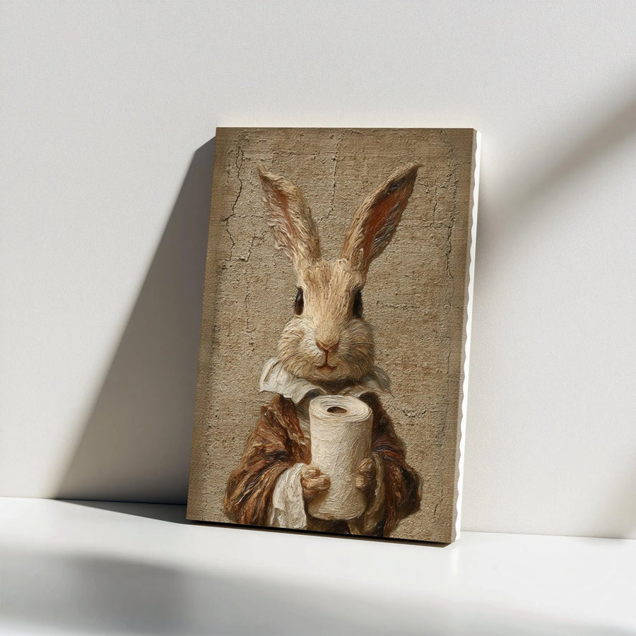 Funny Rabbit Toilet Paper Canvas Art | Vintage Animal Portrait Painting | Premium Gallery Wrapped Canvas | Quirky Bathroom Wall Decor Gift