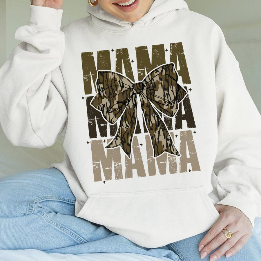 Mama Camo Bow Hoodie | Retro Coquette Aesthetic Graphic | Premium Cotton Blend | Trendy Gift For Mom