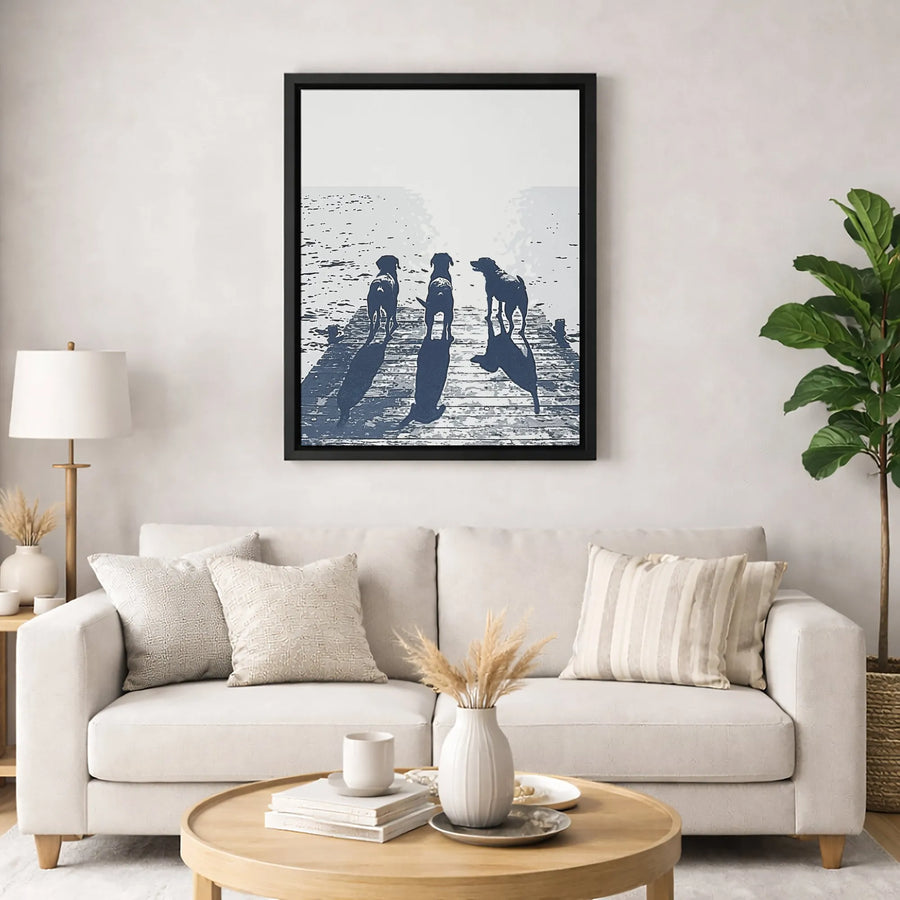 Dog Silhouette Wall Art | Three Dogs on Dock Lake View | Premium Gallery-Wrapped Canvas | Wildlife Home Decor Gift for Dog Lovers