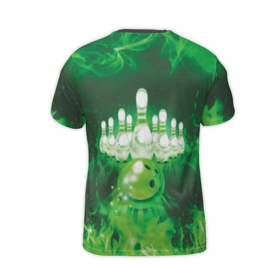 Bowling Shirt | Green Flame Strike Design 3D Graphic Tee | Premium Polyester Spandex | Gift for Bowler Men Women