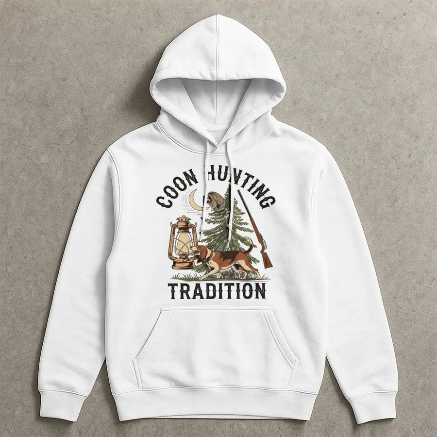 Coon Hunting Hoodie | Vintage Dog and Lantern Graphic | Premium Cotton Blend | Gift for Hunters and Outdoorsmen