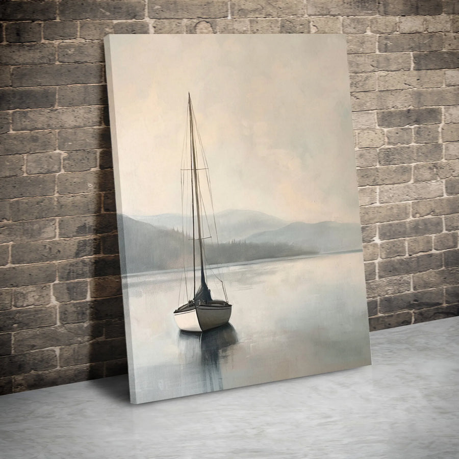 Sailboat Painting Canvas Wall Art | Minimalist Lake Scene with Misty Mountains | Premium Frameless Print | Nautical Home Decor Gift for Living Room