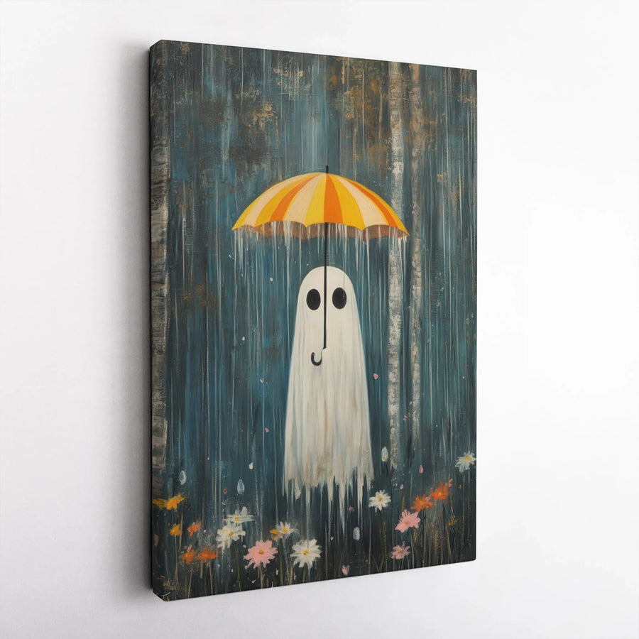 Ghost Under Yellow Umbrella Canvas Wall Art | Whimsical Rainy Day Aesthetic | Premium 1.25" Gallery Wrap | Spooky Cute Home Decor Gift