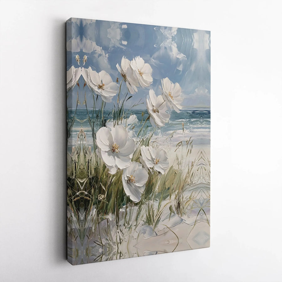 Coastal White Flower Wall Art | Impasto Seascape Canvas Print | Gallery Quality Premium Decor | Beach House Living Room Gift