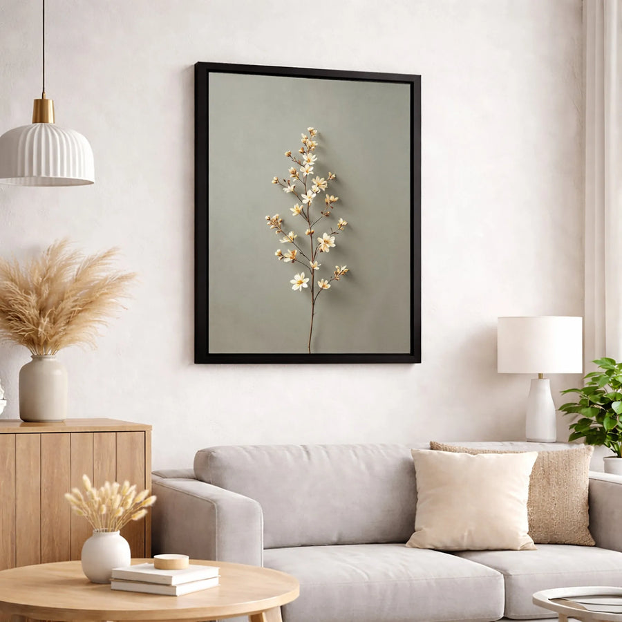 Minimalist White Blossom Canvas Wall Art | Sage Green Floral Botanical Print | Premium Gallery Wrap Decor | Modern Nature Home Gift