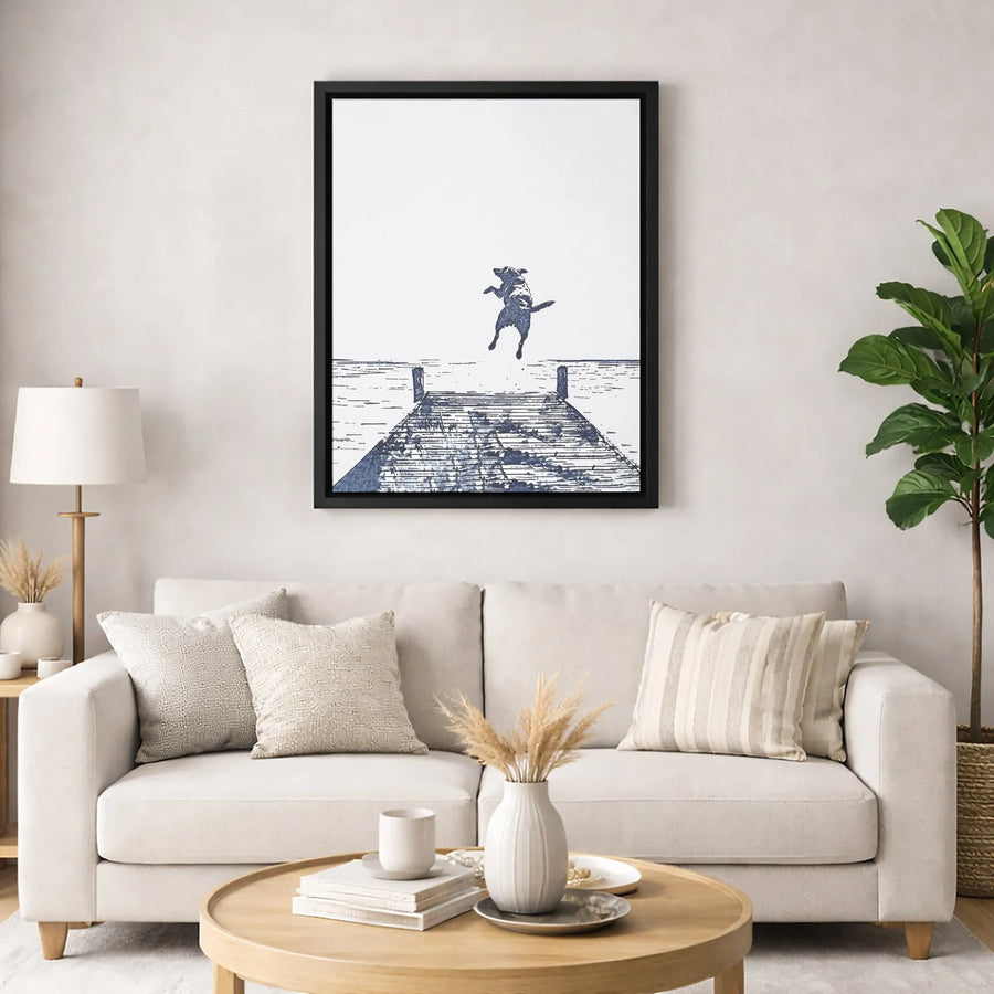 Dog Jumping Off Dock Canvas Art | Minimalist Sketch Wall Decor | 1.25 Inch Premium Gallery Wrap | Modern Pet Lover Home Gift