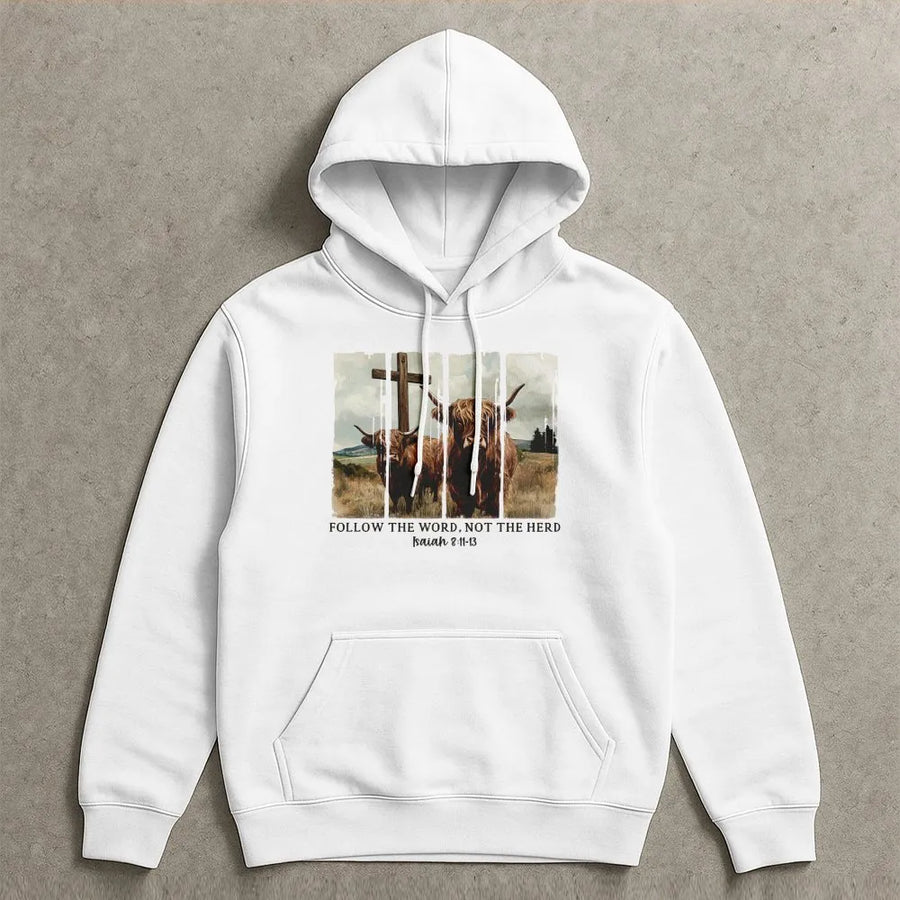 Highland Cow Christian Hoodie | Follow The Word Not The Herd Graphic | Premium Faith-Based Apparel | Gift For Believers & Farmers