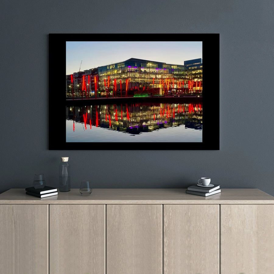 Dublin Grand Canal Dock Canvas Print | Modern Night Cityscape Reflection Art | Premium 1.25" Gallery Wrap | Travel Photography Gift for Home Office