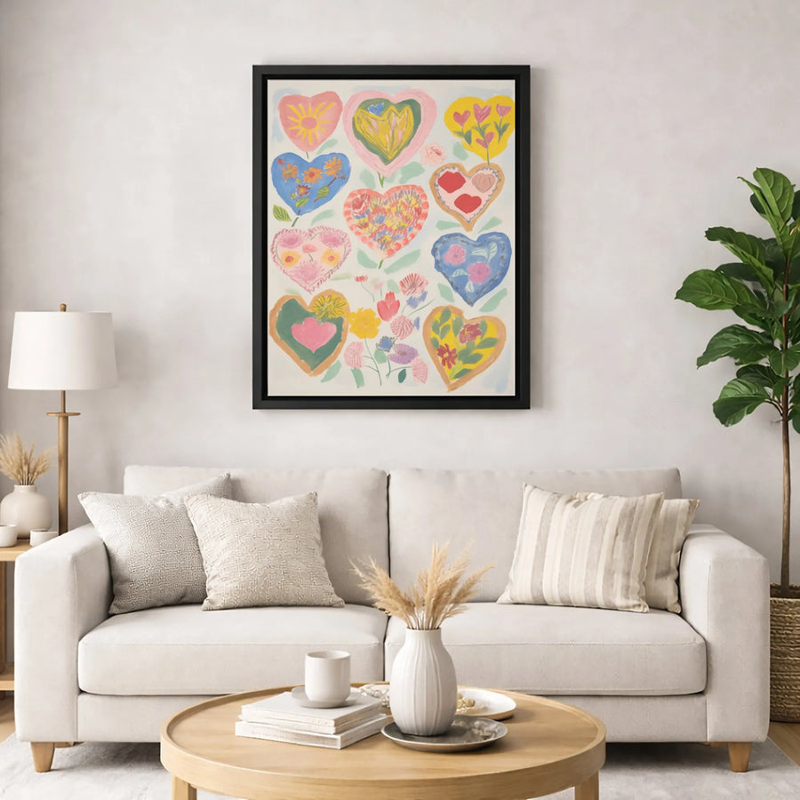 Floral Heart Wall Art | Colorful Folk Naive Style Canvas | Premium Fade-Resistant Print | Romantic Home Decor Gift for Her