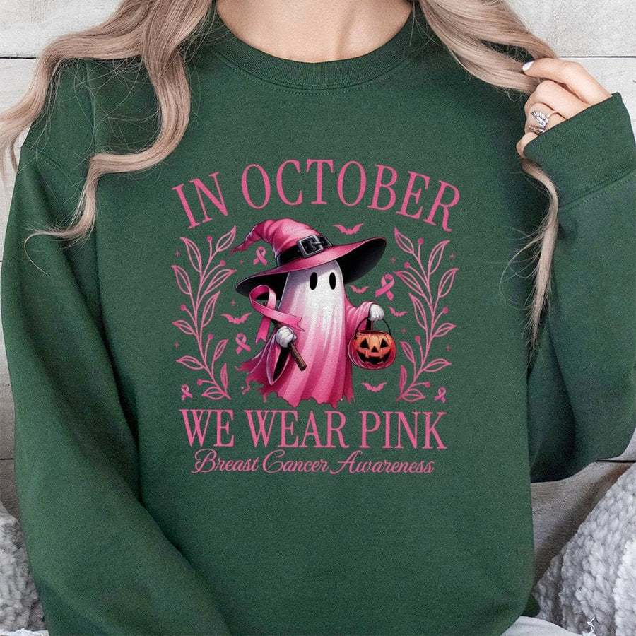 In October We Wear Pink Sweatshirt | Breast Cancer Awareness Ghost Design | Premium Cotton Blend | Halloween Charity Gift For Her