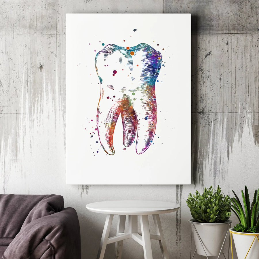 Anatomical Tooth Canvas Print | Colorful Watercolor Molar Illustration | Premium Gallery Wrap Wall Art | Gift for Dentist, Dental Office Decor