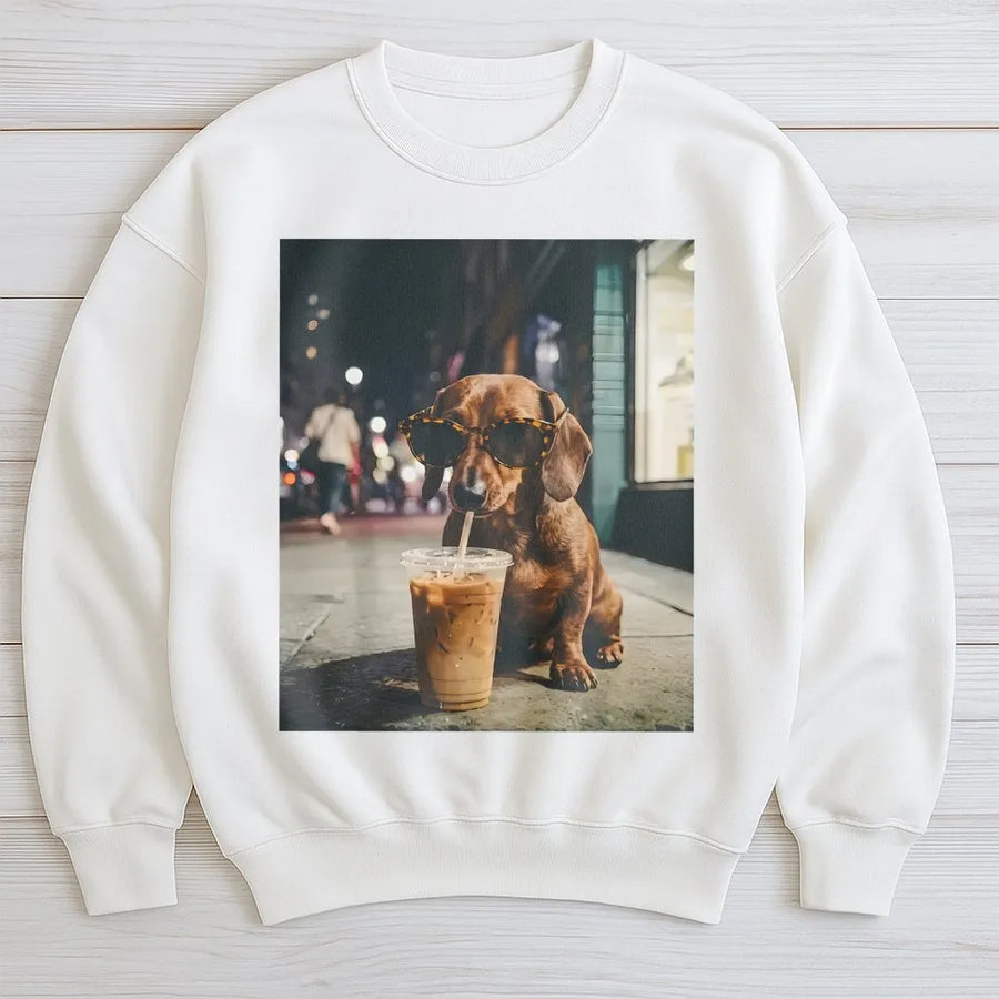 Dachshund Sweatshirt | Funny Wiener Dog with Sunglasses Drinking Coffee | Premium Cotton Blend Pullover | Gift for Dog Lover