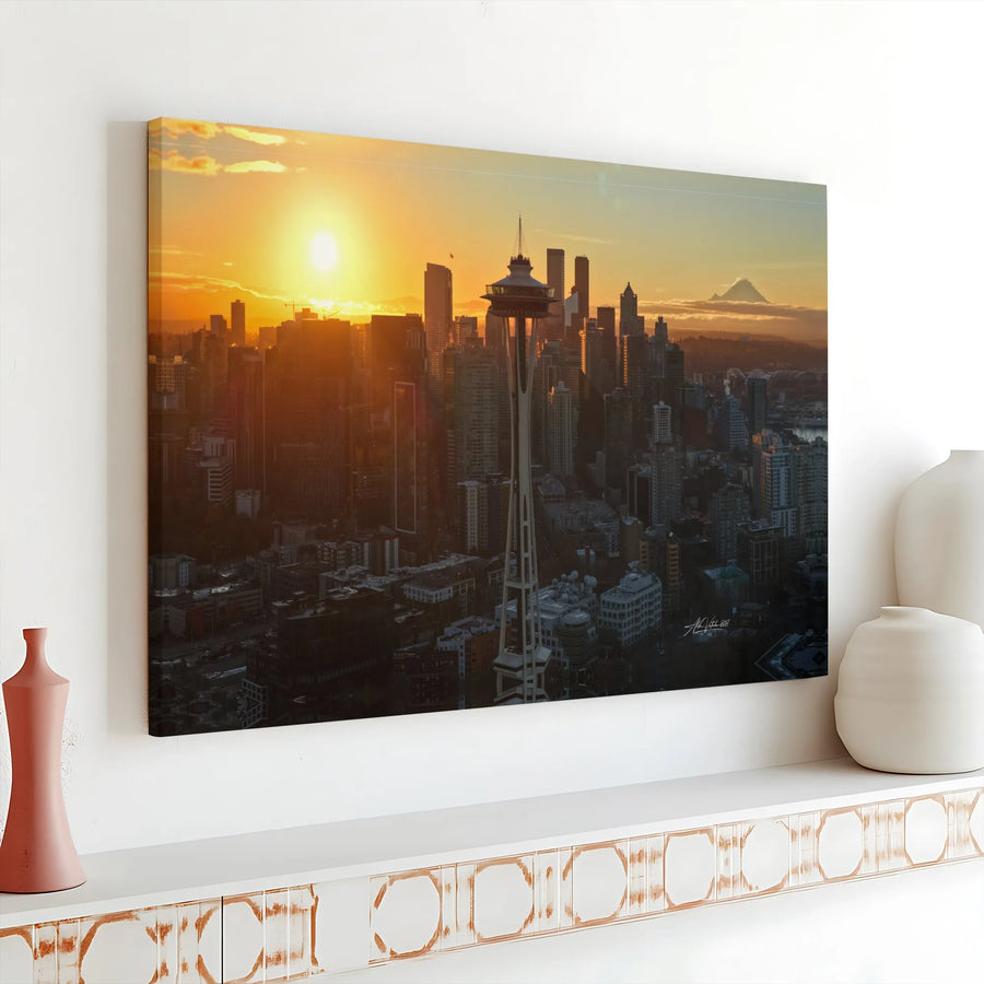 Seattle Skyline Canvas Wall Art | Space Needle & Mt Rainier Sunset Print | Premium Canvas Print | Pacific Northwest Home Decor Gift