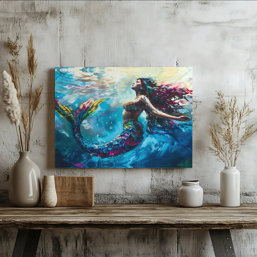 Colorful Mermaid Canvas Wall Art | Vibrant Underwater Fantasy Painting | Premium Gallery Wrapped Print | Nautical Bathroom Decor Gift