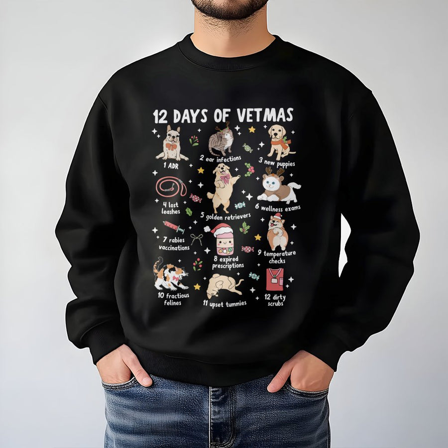 12 Days Of Vetmas Sweatshirt | Funny Veterinary Clinic Graphic | Premium Cotton Blend | Gift For Vet Tech And Veterinarian