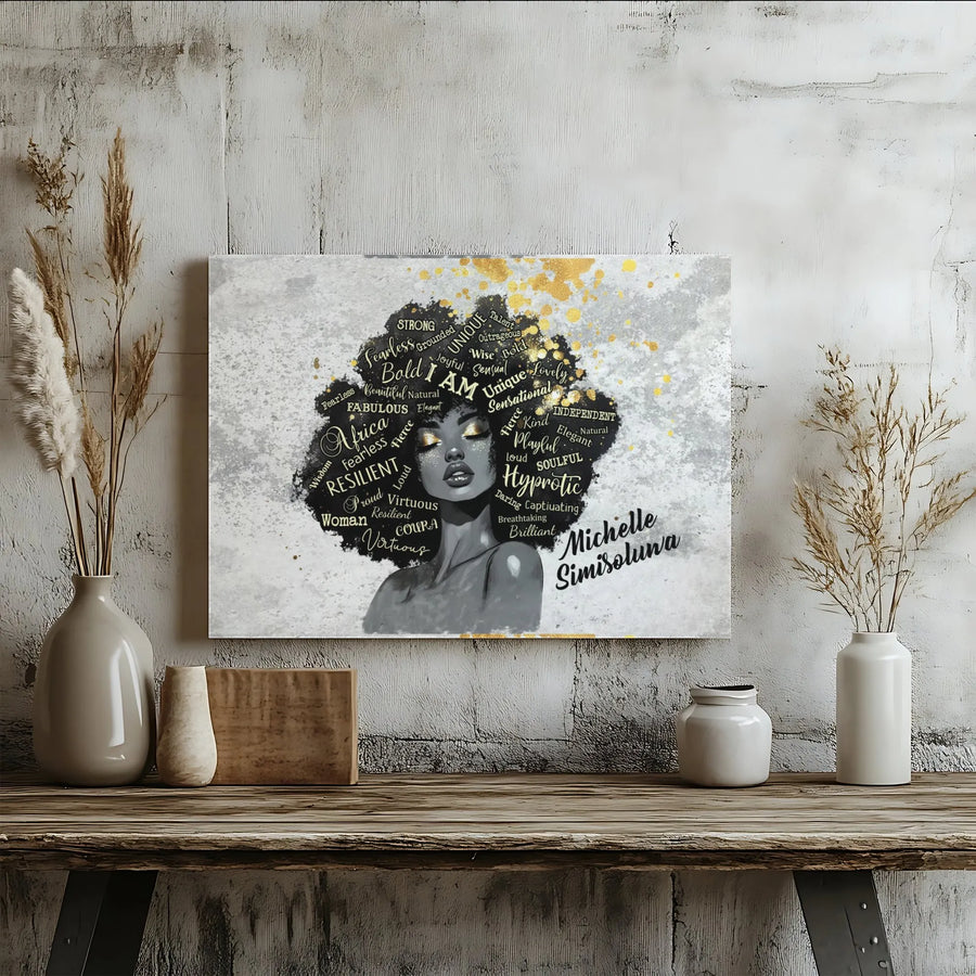 Black Woman Afro Art Canvas | Inspirational Quote Wall Decor | Premium 1.25-Inch Gallery Wrap | Empowering African American Gift for Her
