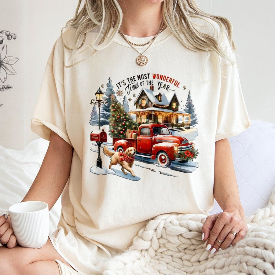 Christmas Red Truck T-Shirt | Golden Retriever Winter Scene | 100% Cotton Premium Tee | Holiday Gift for Dog Lovers & Farmhouse Decor Fans