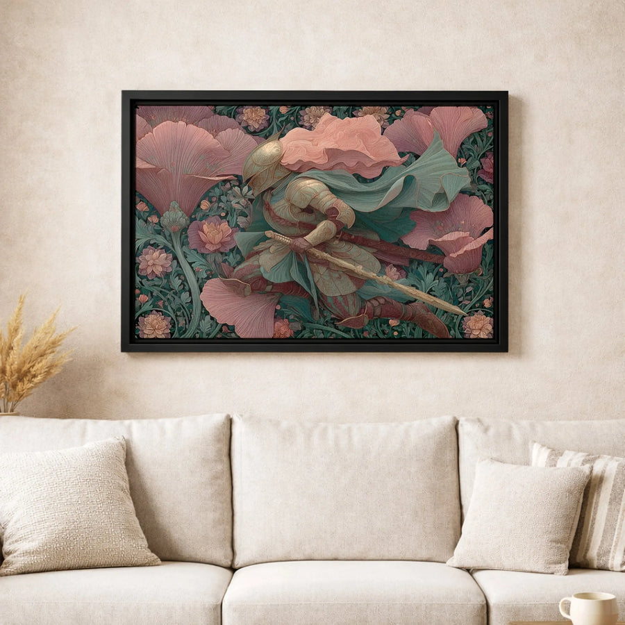 Knight in Floral Armor Canvas Wall Art | Art Nouveau Fantasy Warrior Print | Premium Fade-Resistant Gallery Wrap | Unique Gift for Fantasy Lovers
