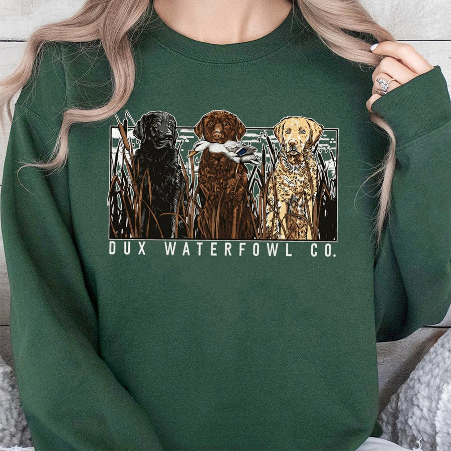 Dux Waterfowl Hunting Dog Sweatshirt | Labrador Retriever Trio Graphic | Soft Cotton Blend Unisex Pullover | Premium Gift for Duck Hunter