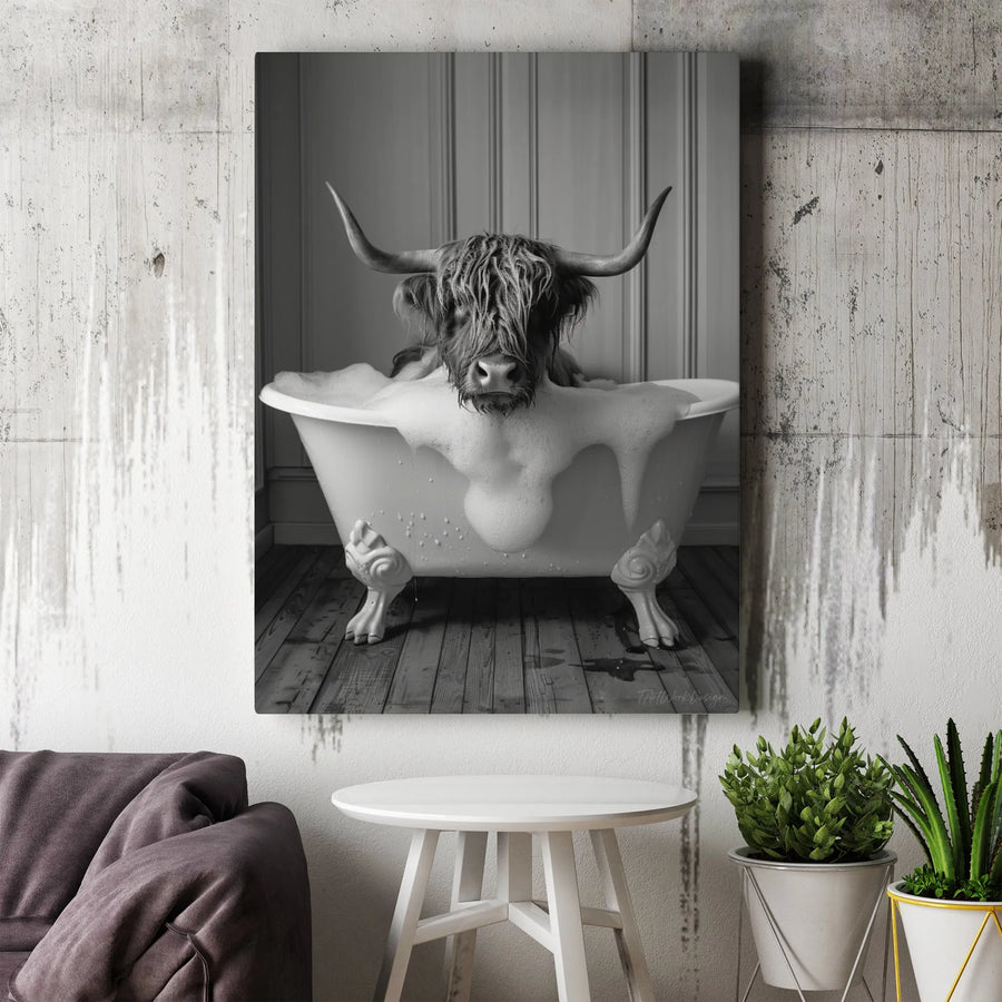 Highland Cow In Bathtub Wall Art | Funny Farmhouse Bathroom Decor | Premium Fade-Resistant Canvas | Unique Gift For Cow Lovers