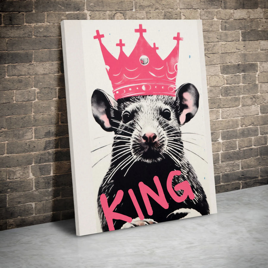 King Rat Canvas Wall Art | Urban Graffiti Style Pink Crown Print | Premium Gallery-Wrapped Decor | Unique Gift for Animal Lovers
