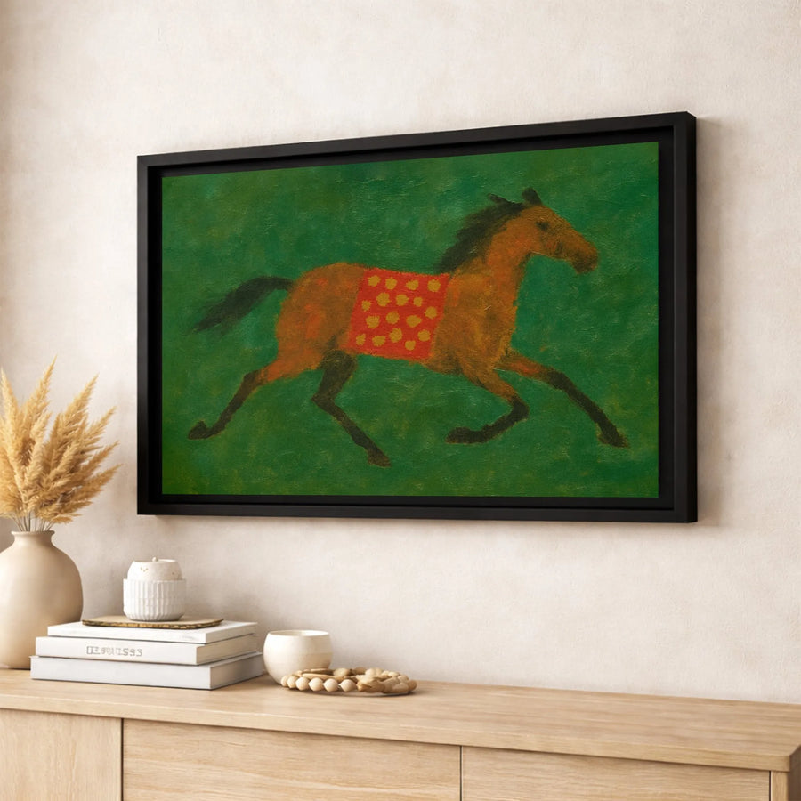 Running Horse Canvas Wall Art | Whimsical Folk Art Equestrian Print | Gallery-Wrapped Premium Canvas | Rustic Farmhouse Home Decor Gift