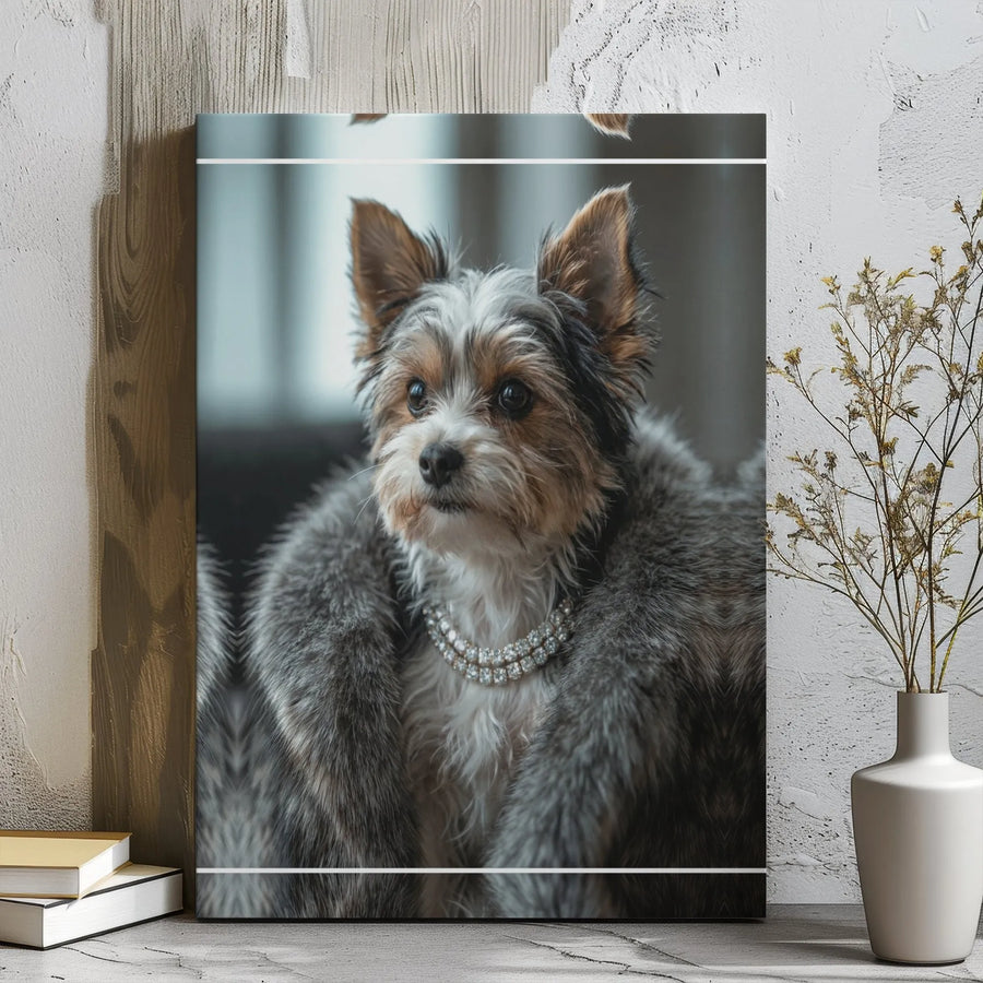 Yorkie Dog Canvas Wall Art | Posh Yorkshire Terrier in Fur Coat Portrait | Premium Gallery Wrap Decor | Gift for Dog Lovers