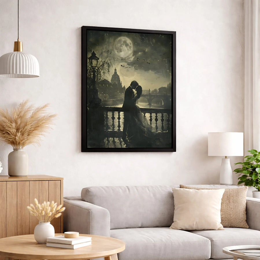 Romantic Couple Canvas Art | Moonlight Gothic City Scenery | Premium Gallery Wrap Print | Anniversary Gift for Couples