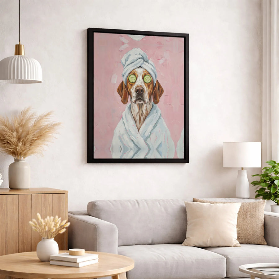 Pointer Dog Spa Wall Art | Funny Dog in Bathrobe with Cucumber Slices | Gallery-Quality Canvas Print | Whimsical Bathroom Decor for Dog Lovers