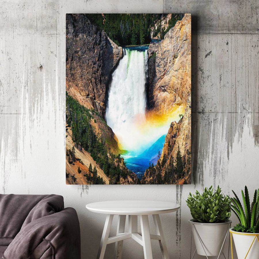 Yellowstone Lower Falls Canvas Art | Majestic Waterfall with Rainbow | 1.25" Gallery Wrap Premium Print | Nature Home Office Wall Decor Gift