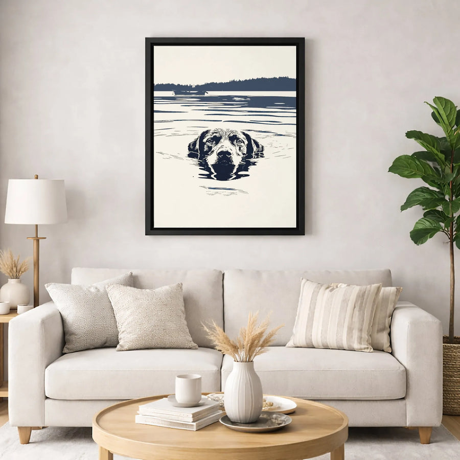 Swimming Labrador Canvas Wall Art | Linocut Style Lake Scene | Gallery-Wrapped Premium Print | Dog Lover Decor & Gift