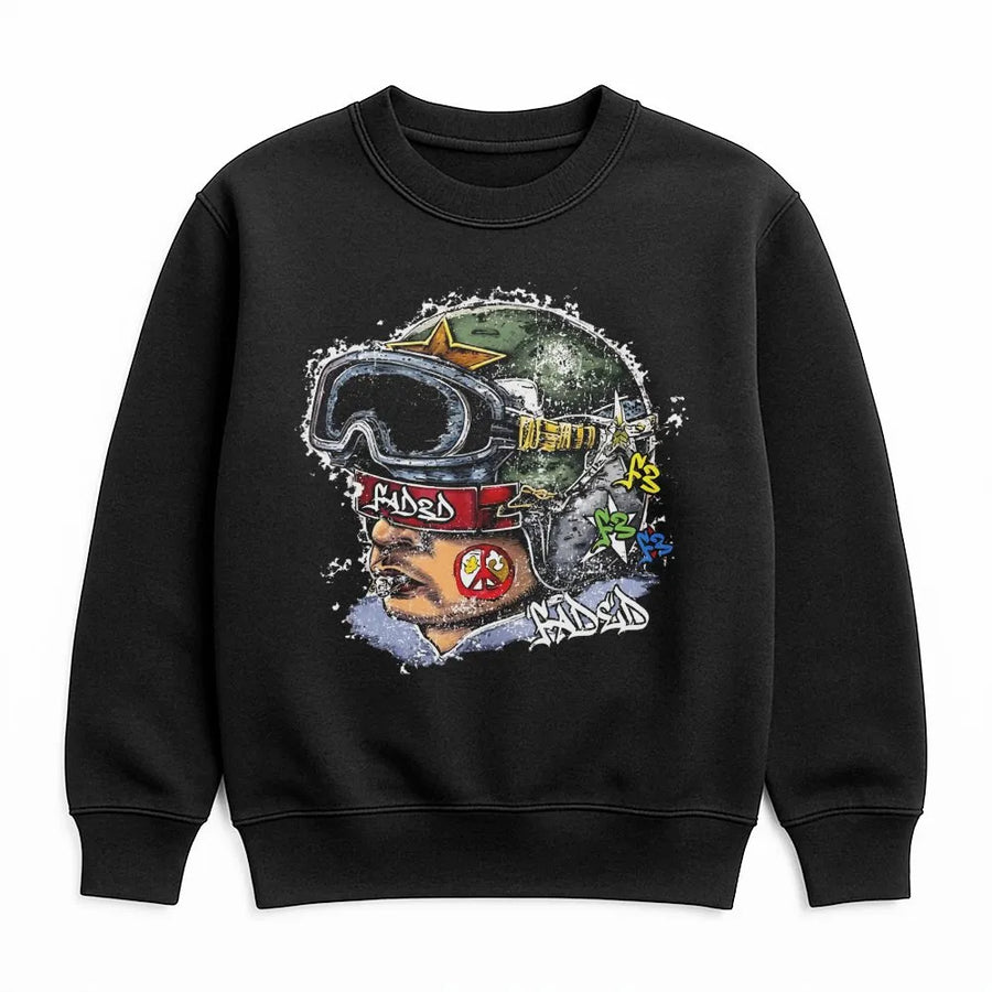 Graphic Streetwear Sweatshirt | Army Goggles Helmet Graffiti Print | Unisex Premium Cotton Blend | Y2K Aesthetic Urban Gift for Him