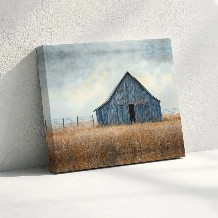 Rustic Blue Barn Canvas Print | Golden Wheat Field Landscape Art | Premium Gallery Wrapped Wall Decor | Farmhouse Living Room Gift