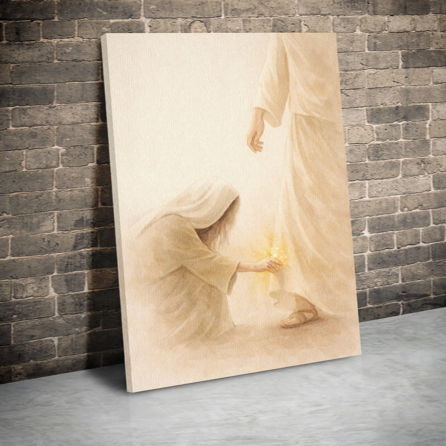 Christian Wall Art Canvas Print | Woman Touching Hem of Jesus' Garment | Premium Gallery Wrap | Inspirational Faith Based Home Decor Gift