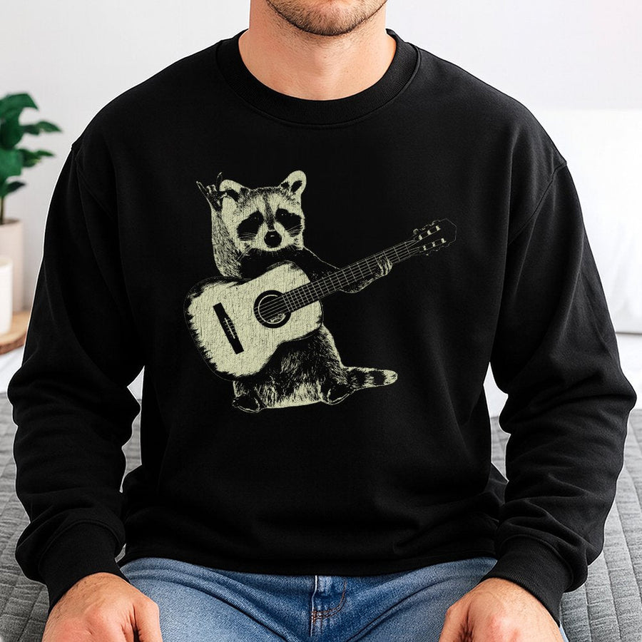 Raccoon Playing Guitar Sweatshirt | Funny Folk Music Graphic | Cotton Blend Premium Crewneck | Unique Musician Gift for Men and Women