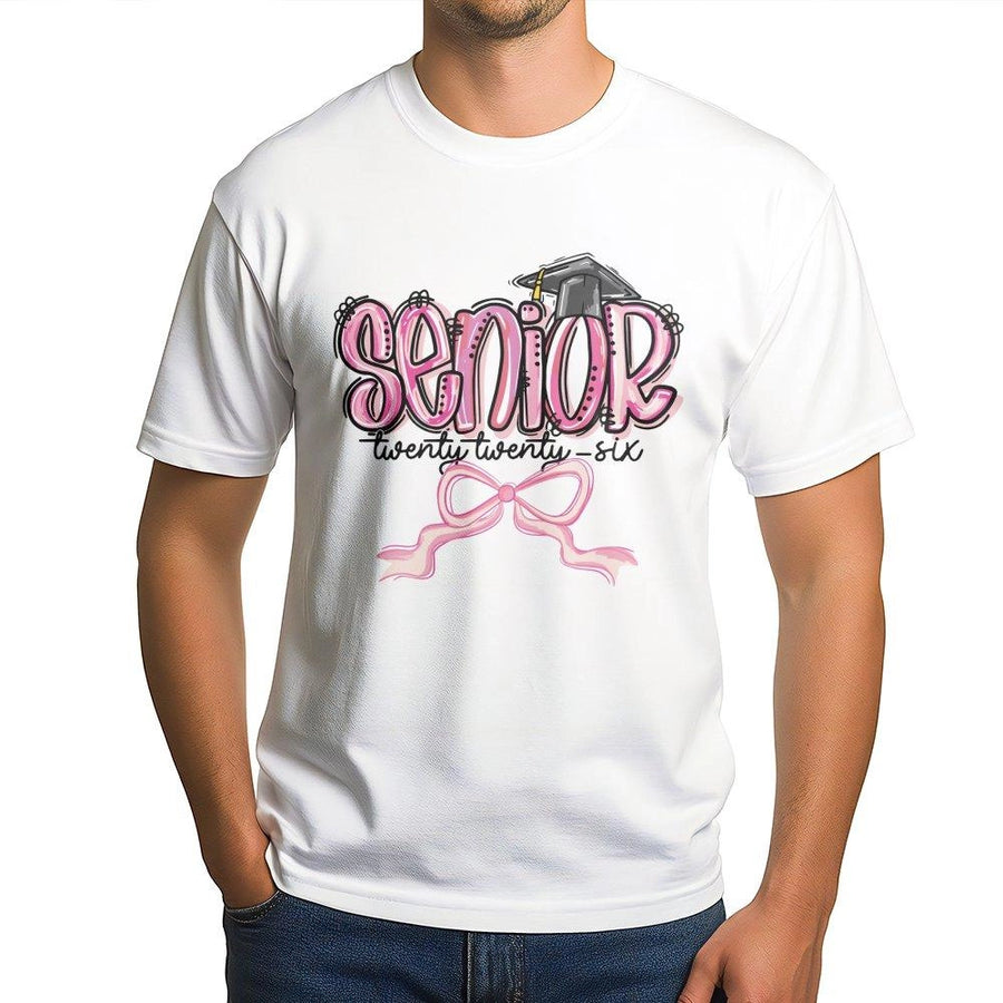 Senior 2026 T-Shirt | Pink Bow Graduation Cap Graphic Tee | Premium Cotton Casual Wear | Cute Gift for High School and College Senior Students