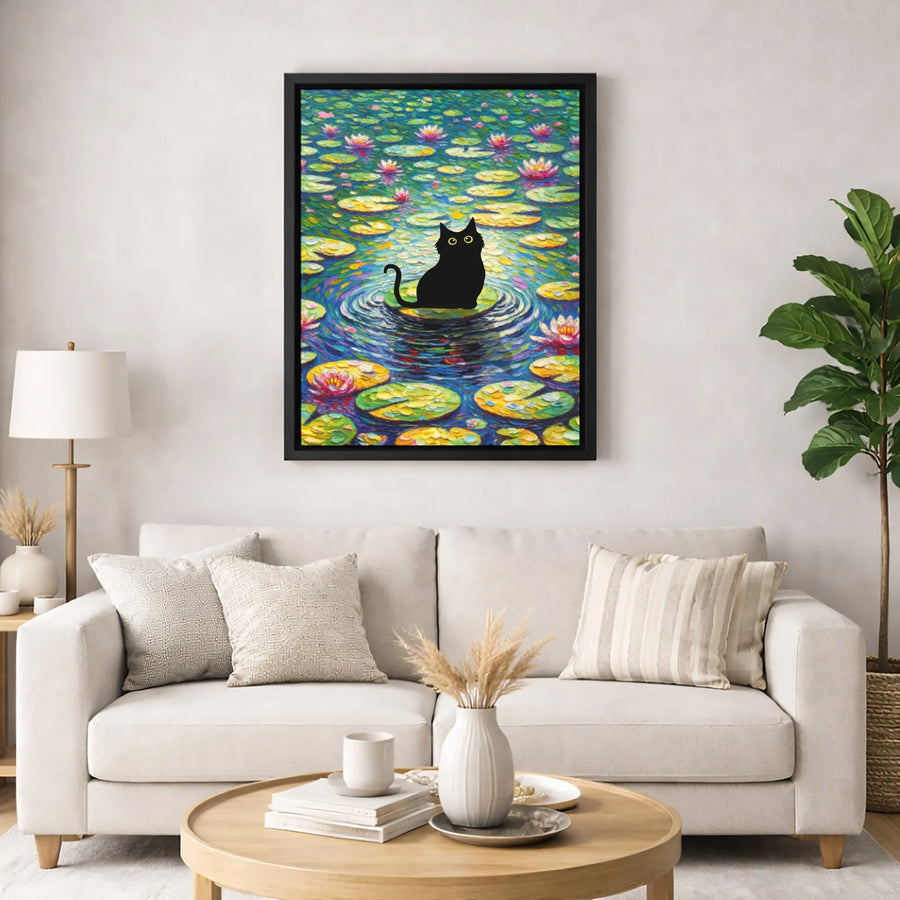 Black Cat Canvas Wall Art | Impressionist Water Lily Pond Print | Premium Fade-Resistant Gallery Wrap | Whimsical Animal Decor Gift for Cat Lovers
