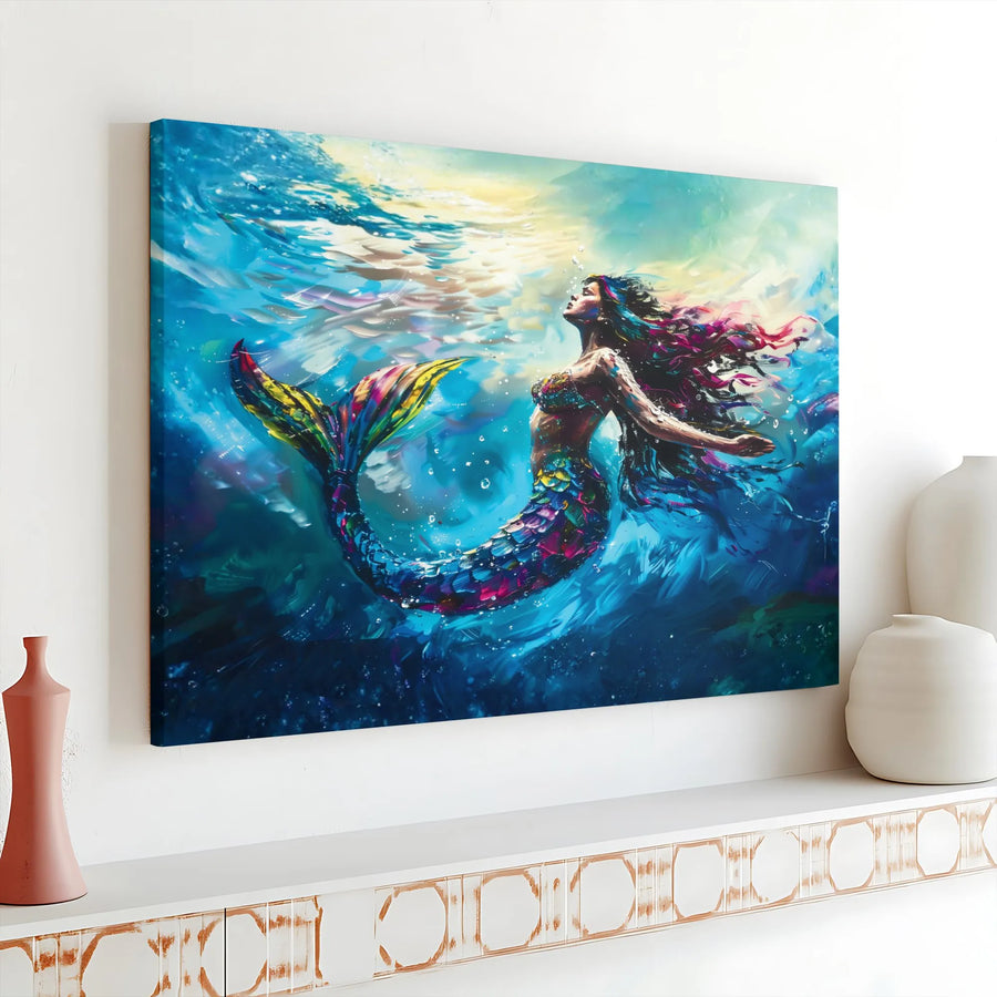 Mermaid Canvas Wall Art | Vibrant Underwater Fantasy Print | Premium Gallery Wrap | Coastal Home Decor Gift for Mermaid Lovers
