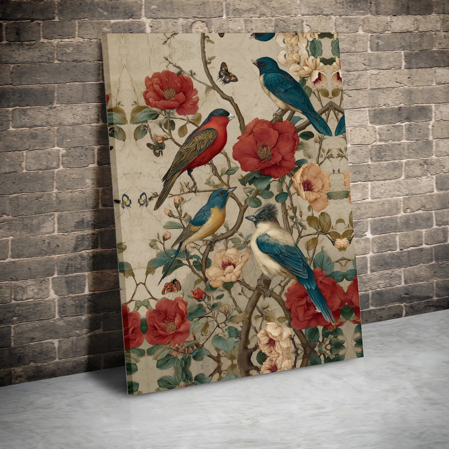 Vintage Bird and Flower Canvas Print | Chinoiserie Style Botanical Illustration | Premium Gallery Wrapped Art | Living Room Decor Gift