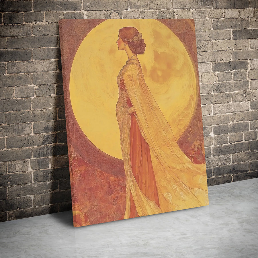 Art Nouveau Woman Wall Art | Golden Moon Portrait Canvas | Premium Gallery Wrap Print | Elegant Home Decor Gift