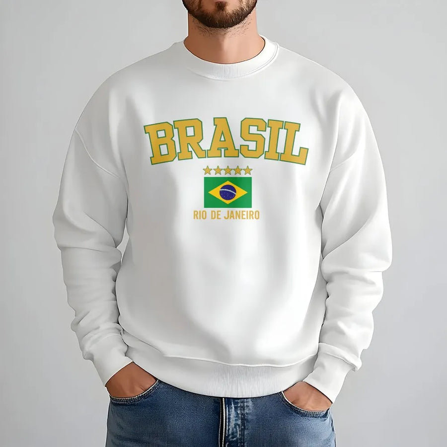 Brazil Sweatshirt | Rio de Janeiro Collegiate Style Graphic | Premium Brazilian Flag Crewneck | Unisex Souvenir Travel Gift