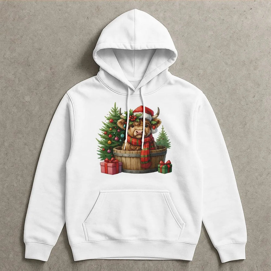 Christmas Highland Cow Hoodie | Festive Baby Cow in Barrel Design | Premium Cotton-Blend Pullover | Cute Holiday Gift for Farm Animal Lovers